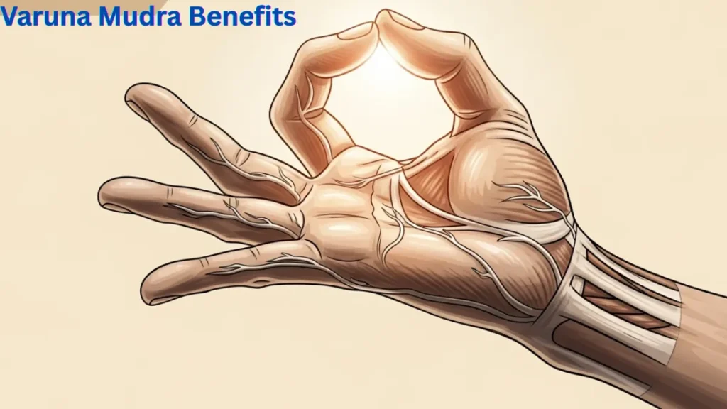 Varuna Mudra hand gesture showing water element balance for joint pain, skin health and natural healing
