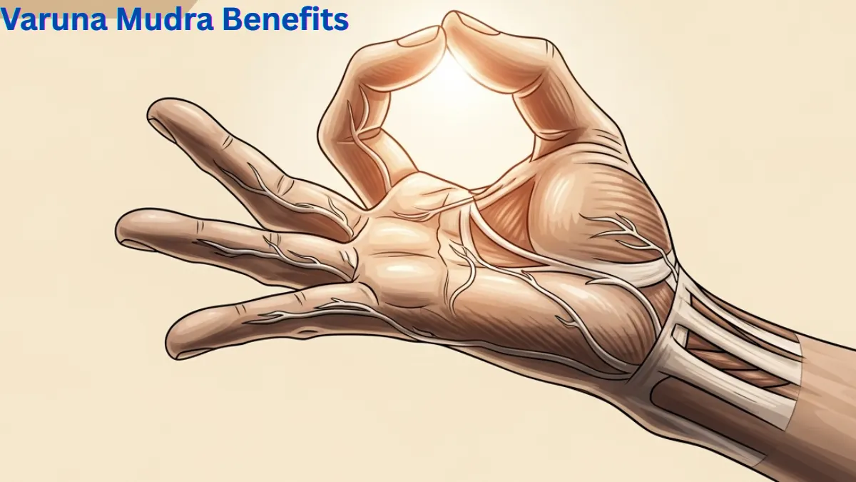 Varuna Mudra hand gesture showing water element balance for joint pain, skin health and natural healing