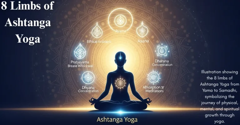 Illustration showing the 8 limbs of Ashtanga Yoga from Yama to Samadhi, symbolizing the journey of physical, mental, and spiritual growth through yoga.