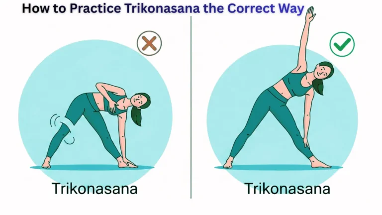 Correct and incorrect method of Trikonasana yoga pose showing proper alignment, straight legs, open chest, and arm position for beginners.