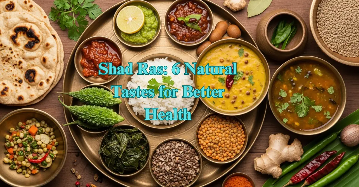 Shad Ras Ayurvedic six tastes shown in an Indian thali for balanced health, digestion, and holistic wellness.