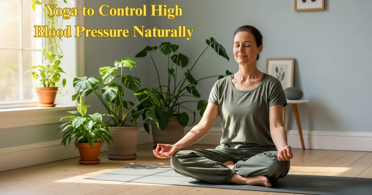 Yoga and pranayama techniques to control high blood pressure naturally, showing a person practicing breathing exercises for heart health